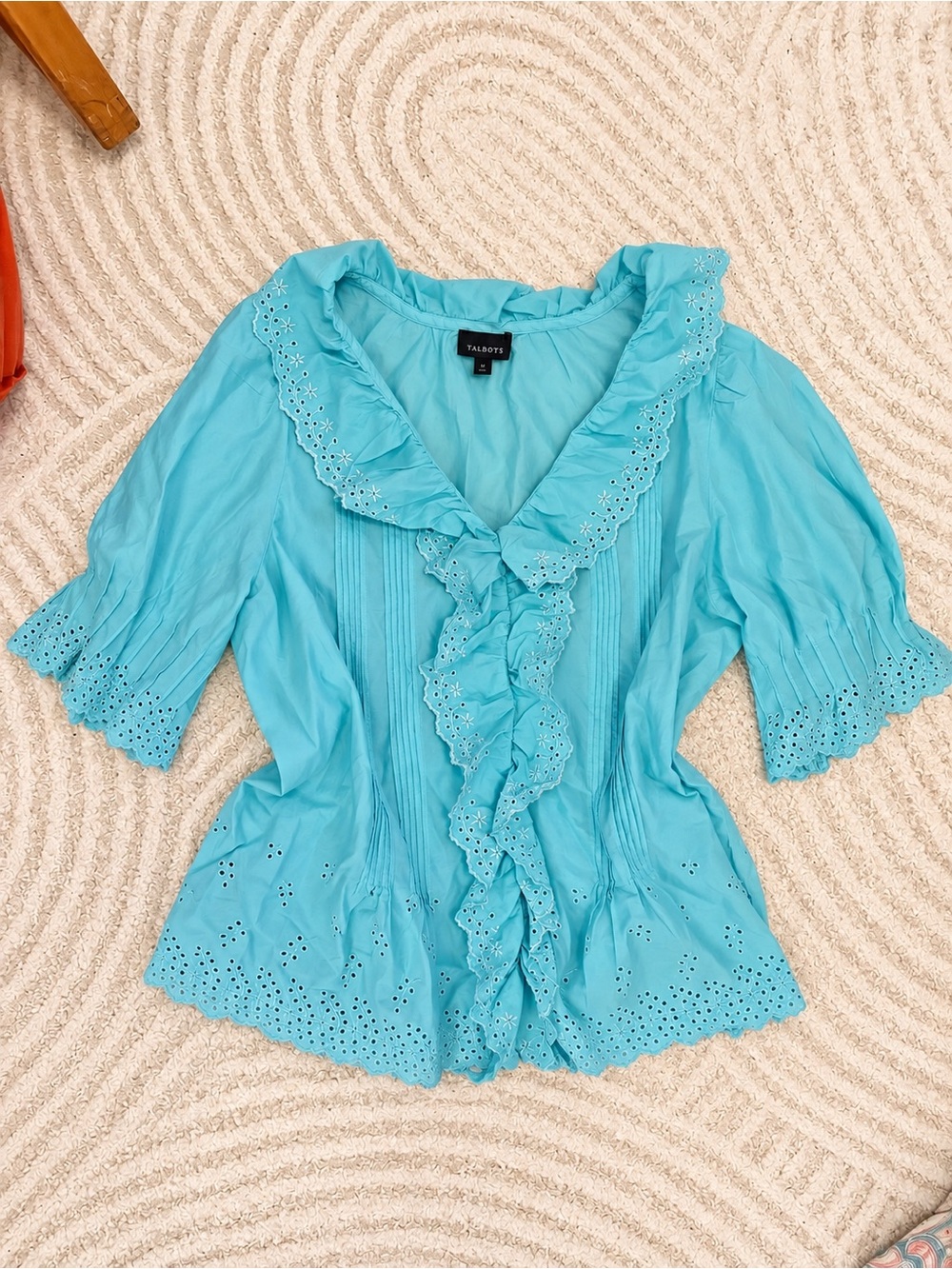 Talbots Turquoise Eyelet Ruffle Blouse โ Size Medium - Picture 2 of 3
